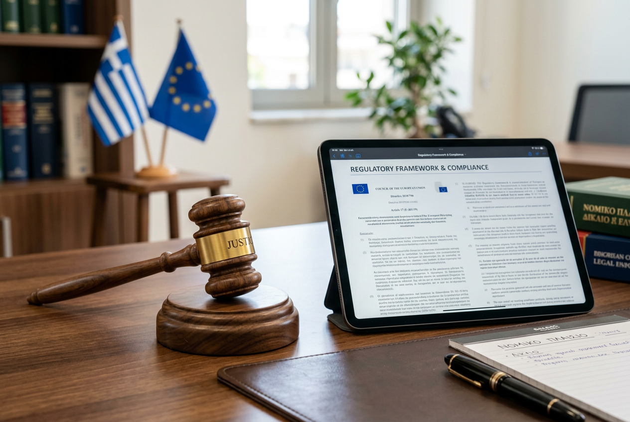 Σύμβολα δικαίου και έγγραφα που αντιπροσωπεύουν το νομικό πλαίσιο στην Ελλάδα.