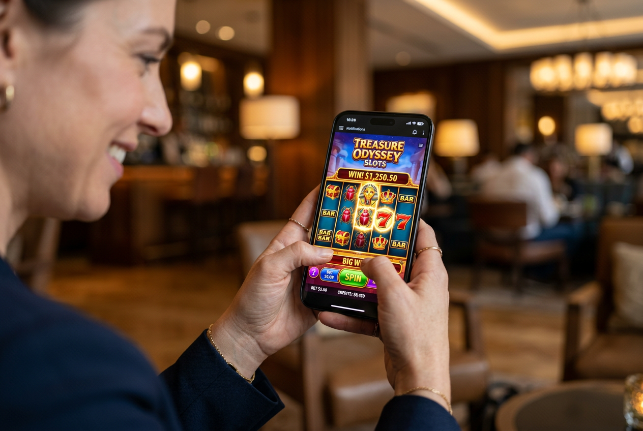 A person playing a colorful slot game on their phone in a lounge.