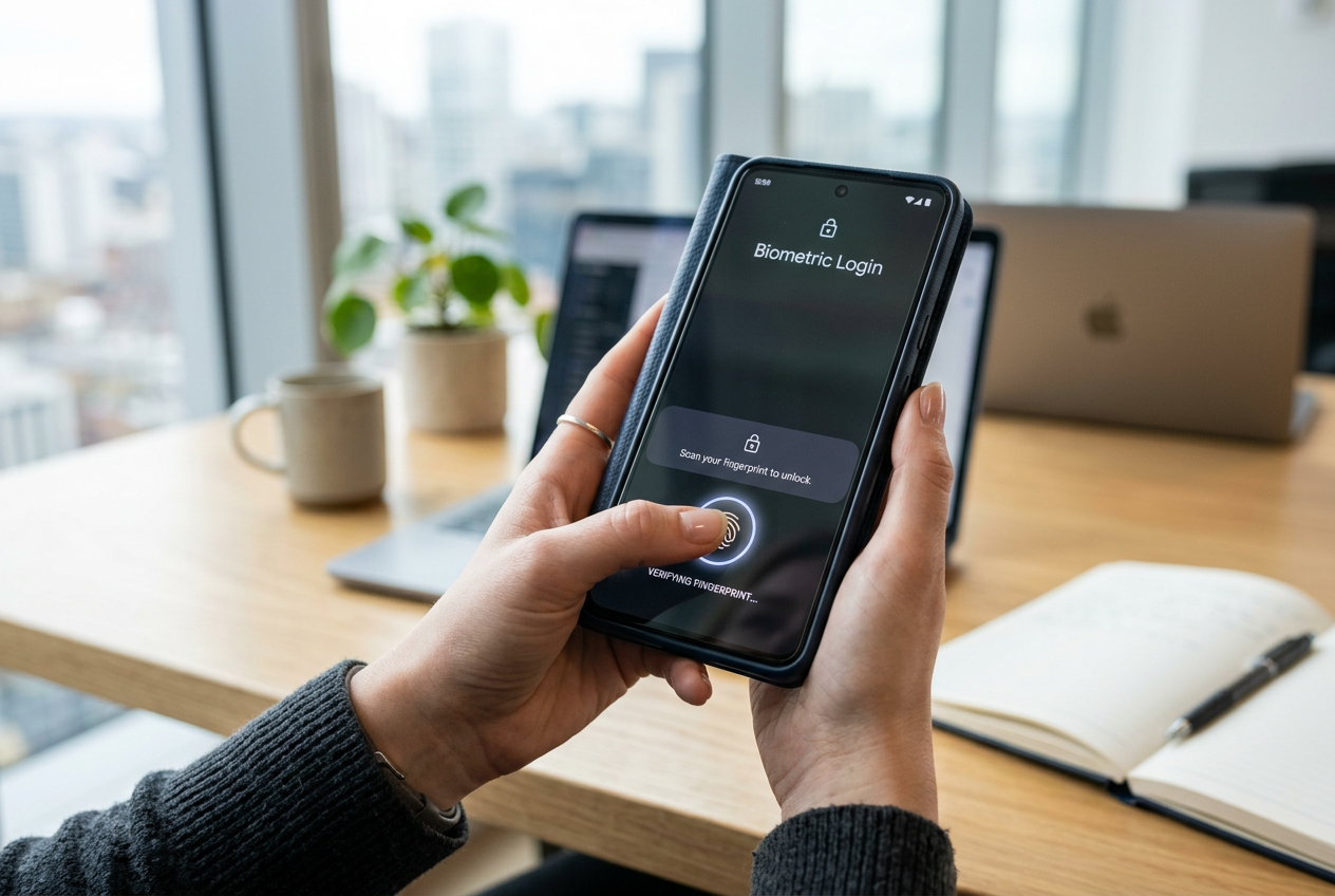 Close-up of a user utilizing fingerprint biometric security on a smartphone.