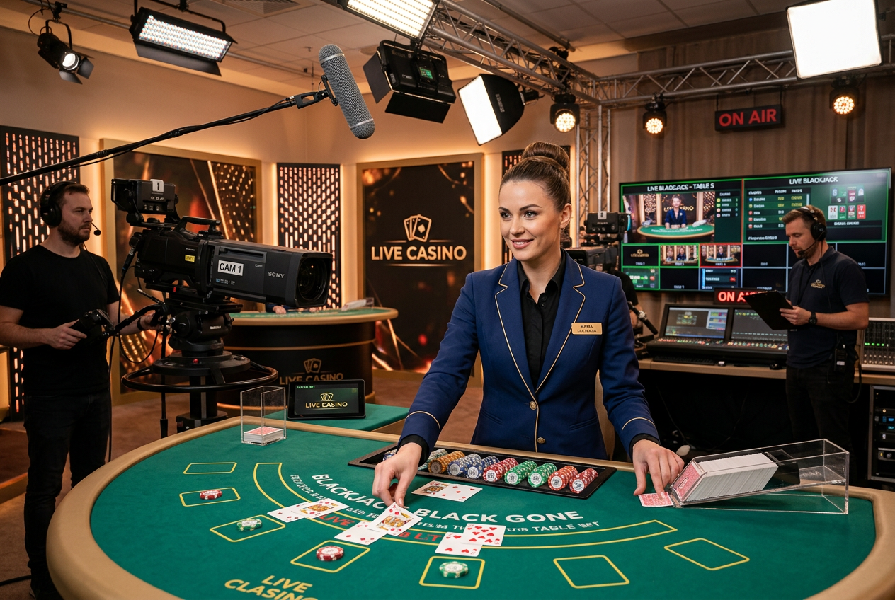 Professional live casino dealer at a high-end gaming table