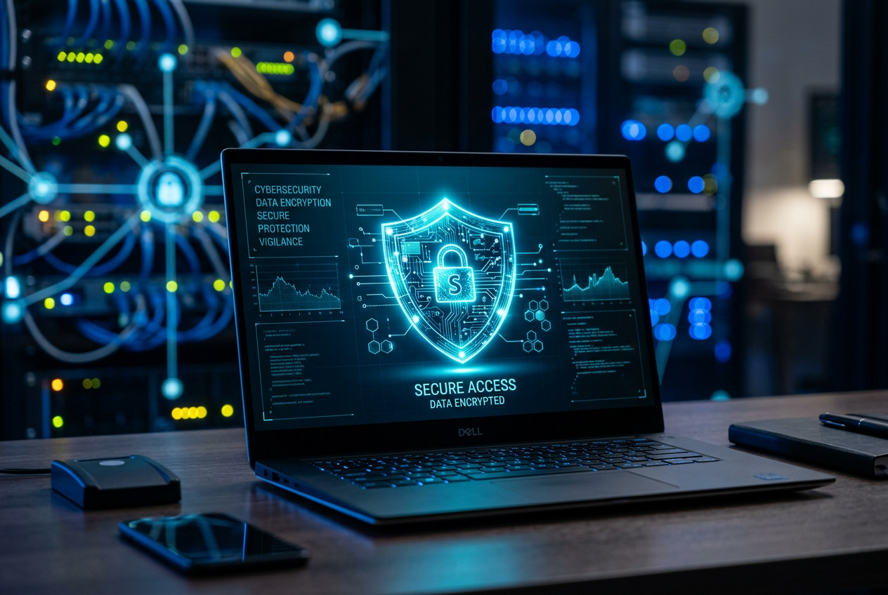 A digital shield icon appearing on a laptop screen symbolizing cybersecurity and data protection.
