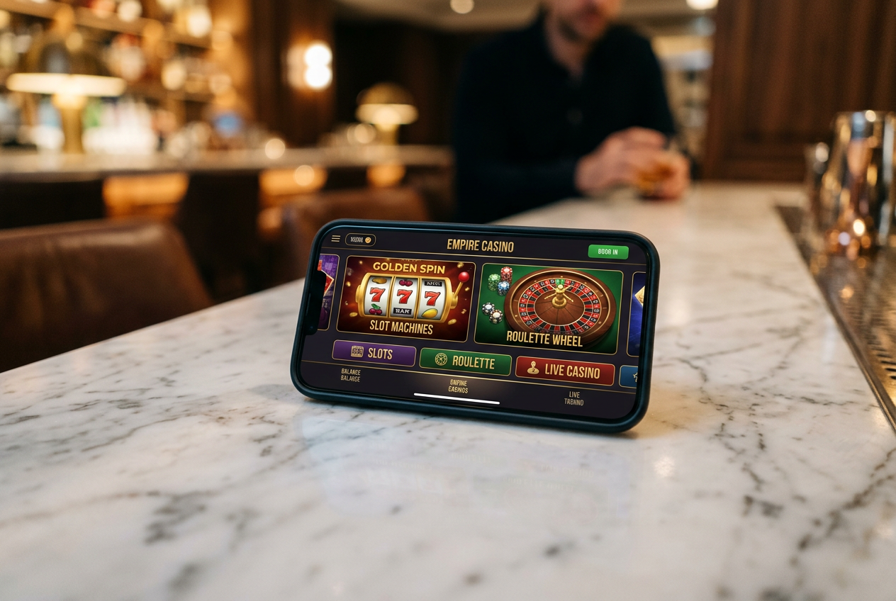 A high-end smartphone displaying a vibrant online casino interface with slot icons and live dealer games.
