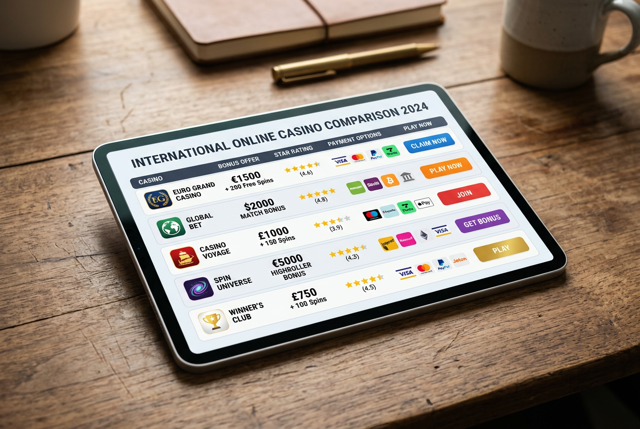A professional comparison interface for international online casinos showing bonuses and ratings